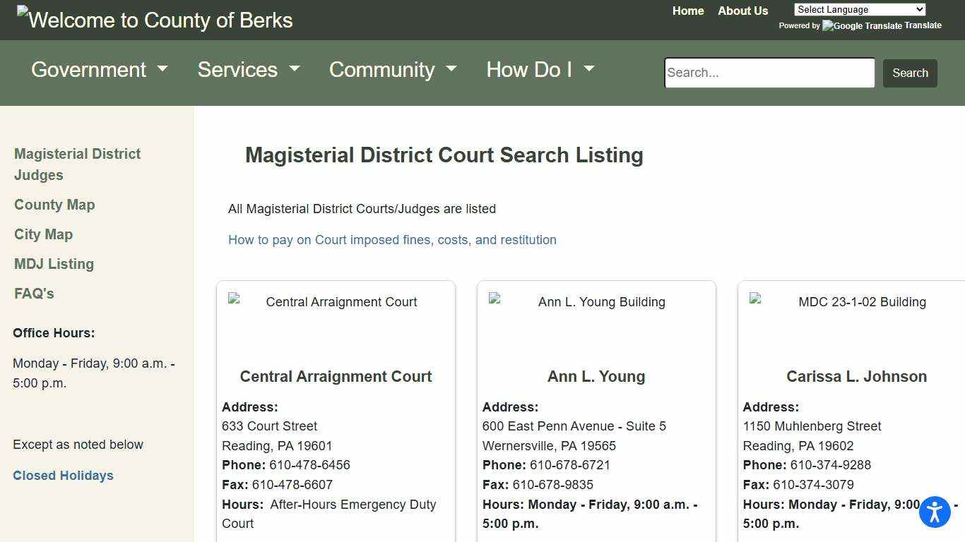 Berks County - Magisterial District Court Search Listing